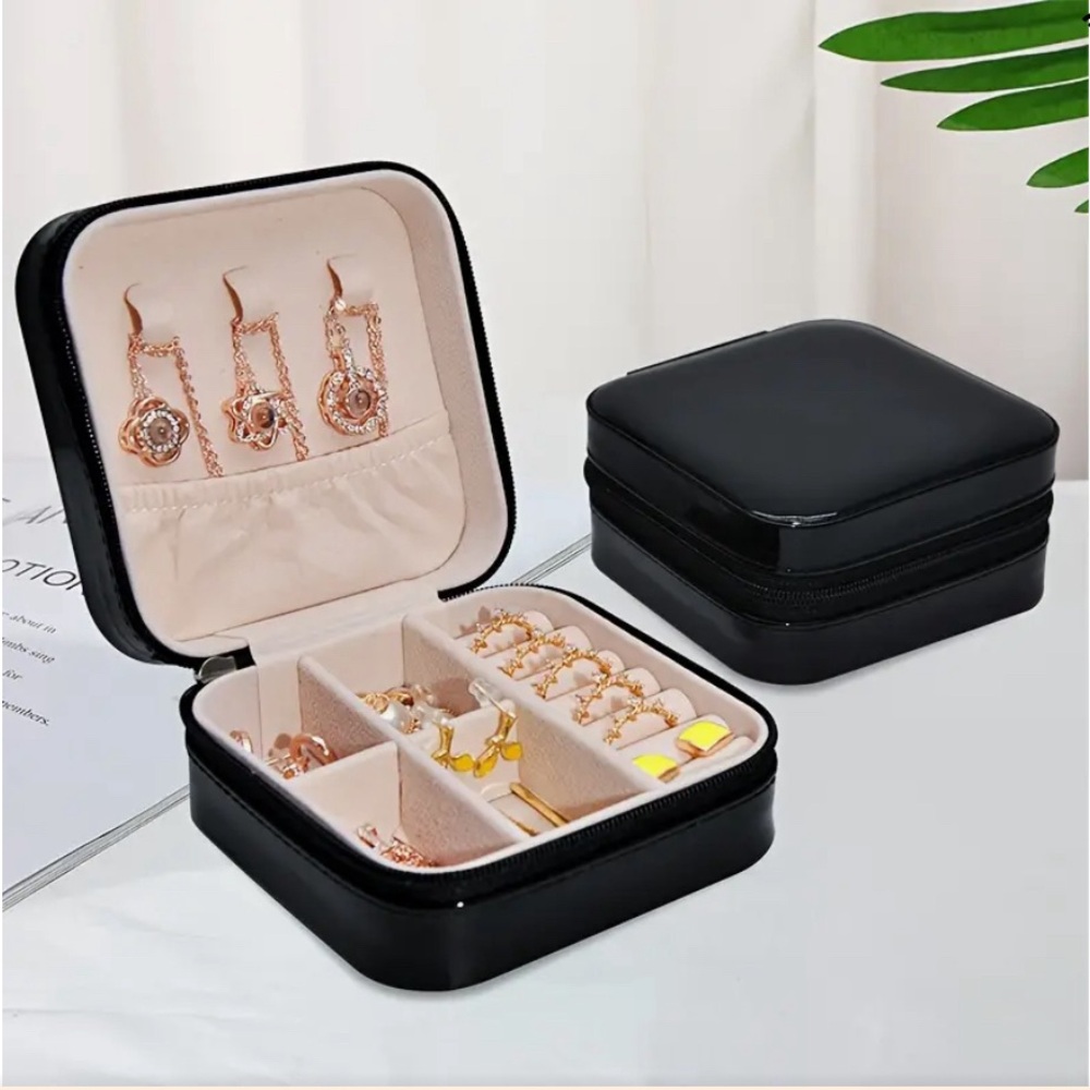 Jewelry Box Portable Men’s Black Patent Leather Travel Antioxidant Zipper